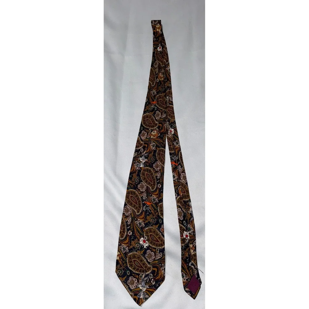 Vintage 1993 Looney Tunes Mania Paisley Silk Tie Bugs Bunny Daffy Duck Mens Navy